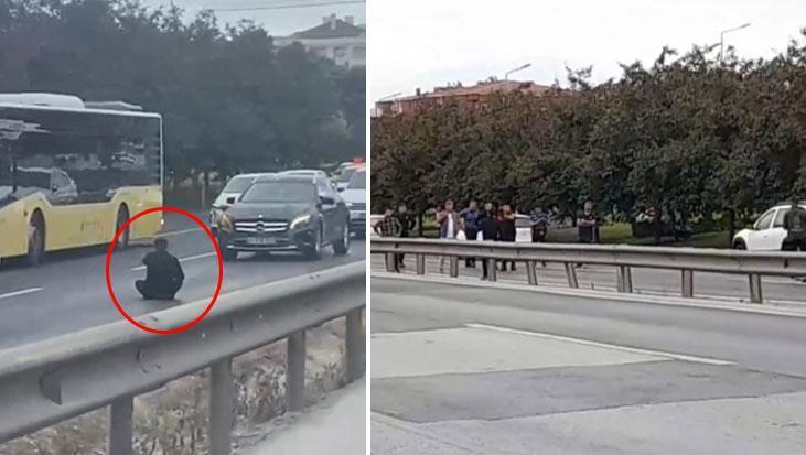 İstanbul D-100 karayolunda hareketli dakikalar! Bıçakla yola oturan şahıs trafiği felç etti